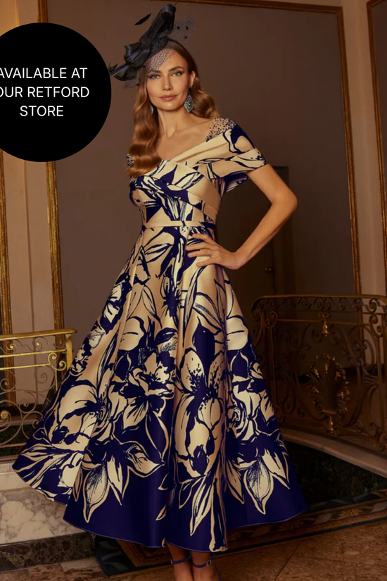 Veni Infantino Gold & Navy Floral Mikado A-Line Wide V -Neck Dress 992575 AW
