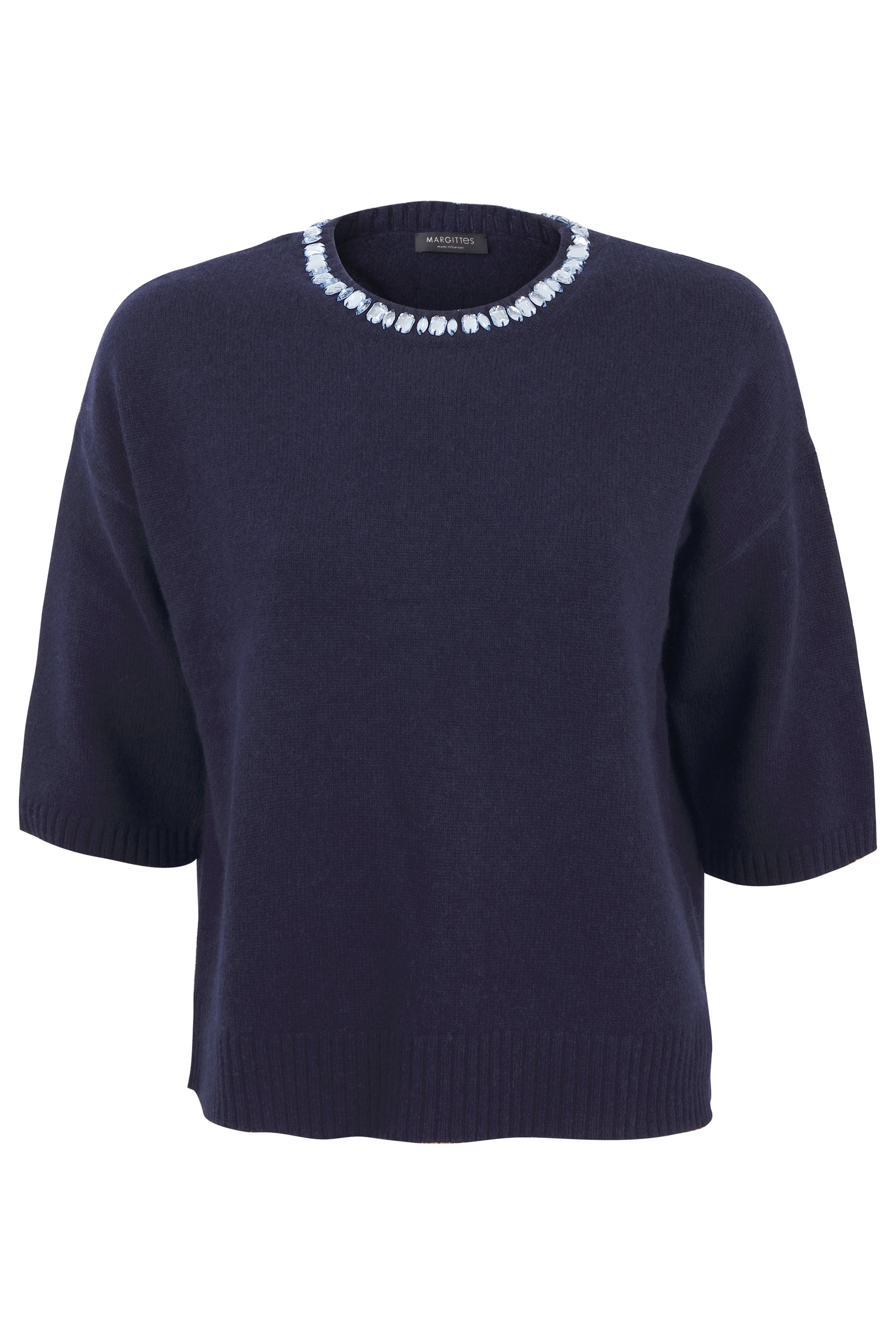 Margittes Marine Wool & Cashmere Blend Short Sleeve Sweater with Beaded Neckline