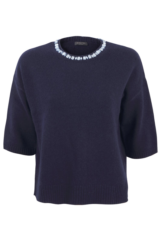 Margittes Marine Wool & Cashmere Blend Short Sleeve Sweater with Beaded Neckline