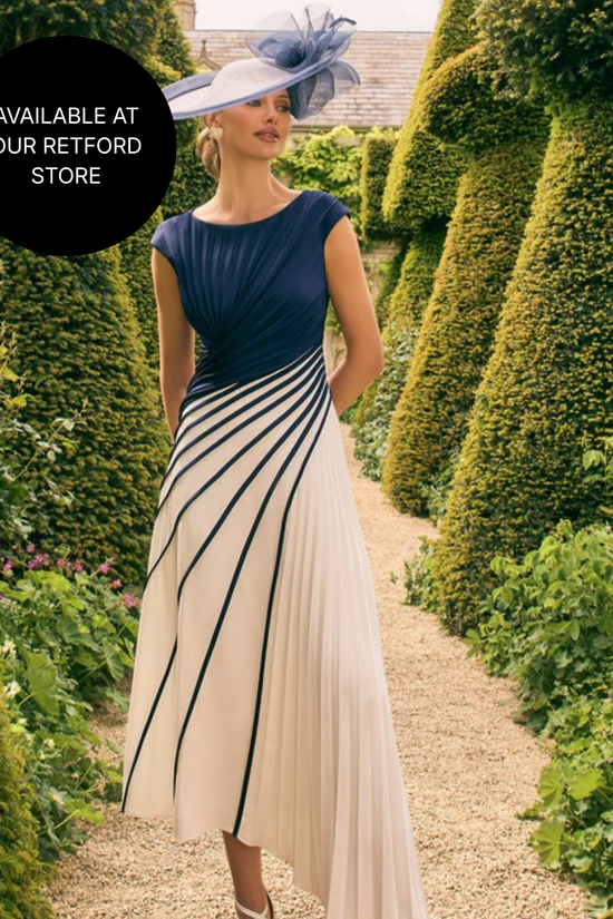 Veni Infantino Navy/Ivory Pleated High-Low A-Line Dress 992759 AW