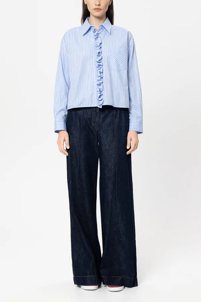 Luisa Cerano Blue Striped Shirt Blouse with Frill 238649