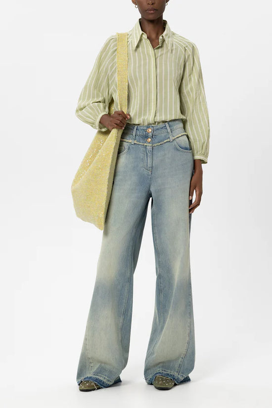 Luisa Cerano Moss Green Voile Stripe Shirt Blouse 238689