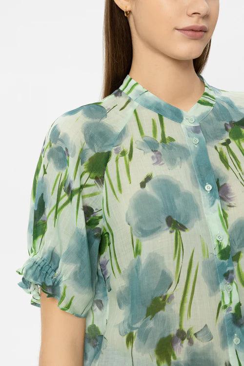 Luisa Cerano Floral Print Short Sleeve Ramie Blouse 238690