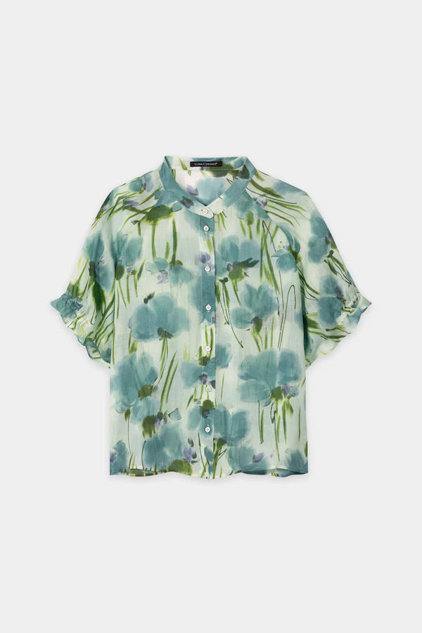Luisa Cerano Floral Print Short Sleeve Ramie Blouse 238690