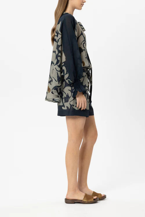 Luisa Cerano Khaki/Black Semi-Sheer Blouse with Flower Print 238699