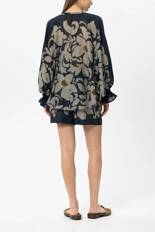 Luisa Cerano Khaki/Black Semi-Sheer Blouse with Flower Print 238699