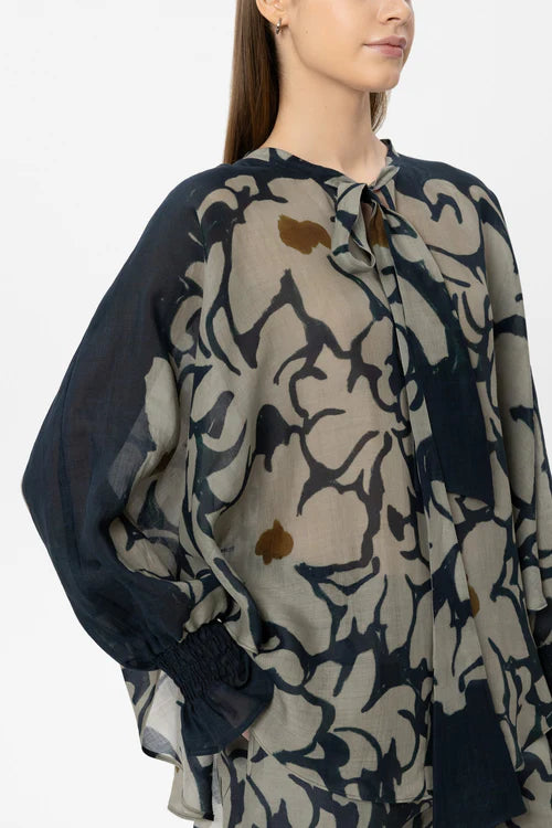 Luisa Cerano Khaki/Black Semi-Sheer Blouse with Flower Print 238699