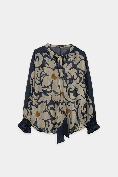 Luisa Cerano Khaki/Black Semi-Sheer Blouse with Flower Print 238699