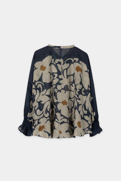 Luisa Cerano Khaki/Black Semi-Sheer Blouse with Flower Print 238699