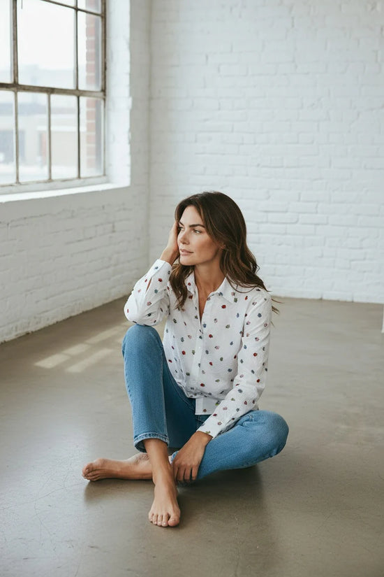 VLT's White Long Sleeve Cotton Shirt with Ladybird Print