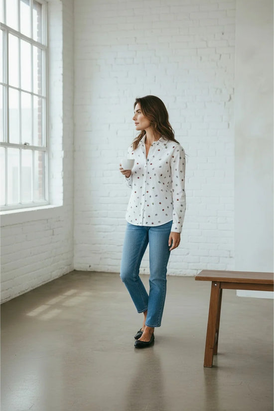VLT's White Long Sleeve Cotton Shirt with Ladybird Print