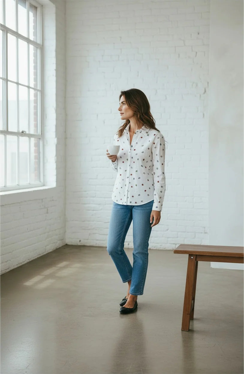 VLT's White Long Sleeve Cotton Shirt with Ladybird Print