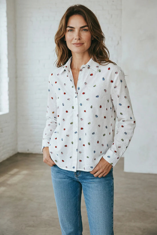 VLT's White Long Sleeve Cotton Shirt with Ladybird Print
