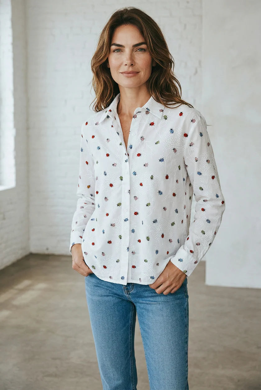 VLT's White Long Sleeve Cotton Shirt with Ladybird Print