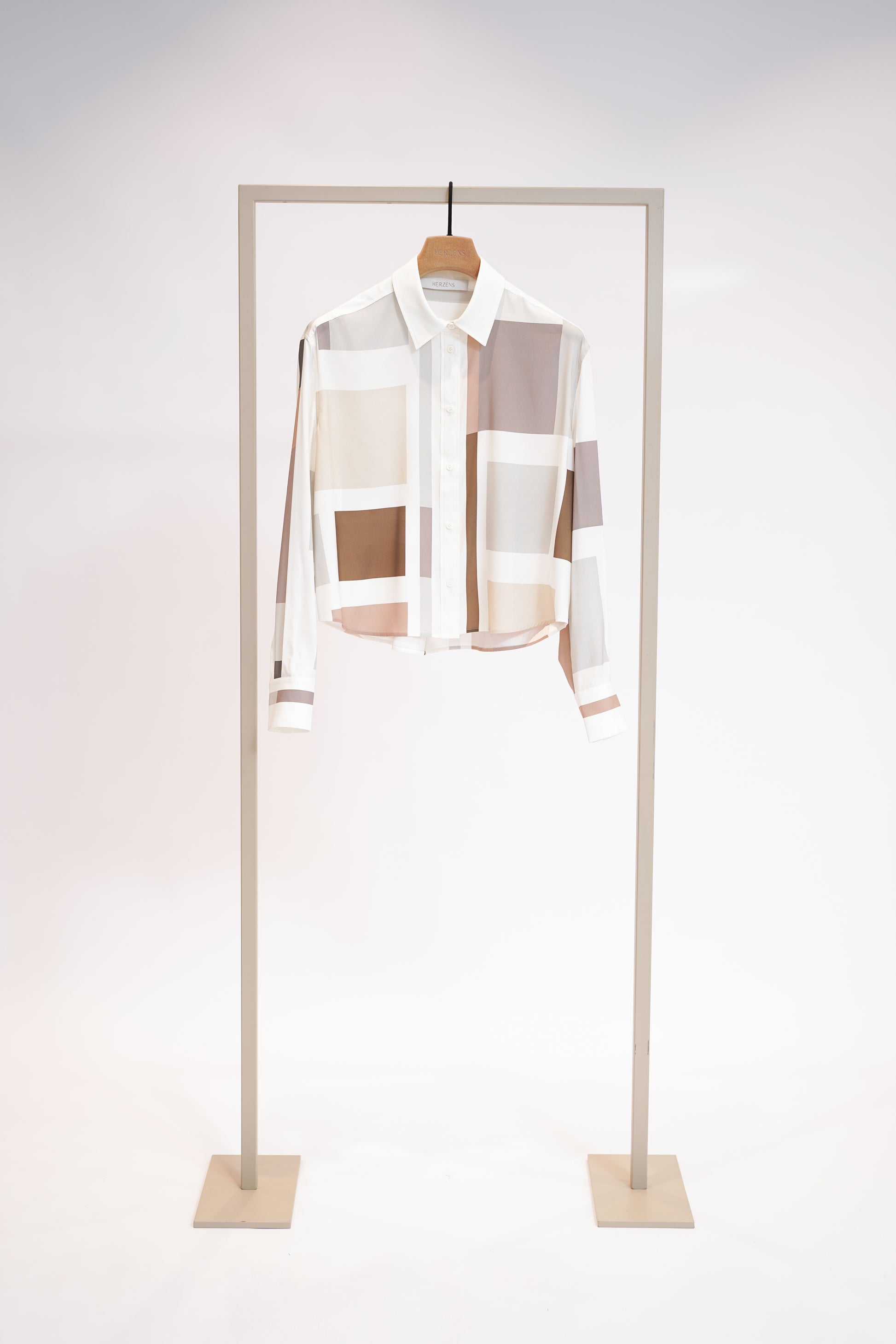 Herzens Multi Block Print Silk Blouse – Slightly Cropped, Classic Collar & Button Cuffs