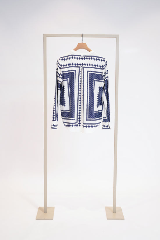 Herzens Navy & Cream Print Silk Tunic Top – V Neck, Long Cuffed Sleeves