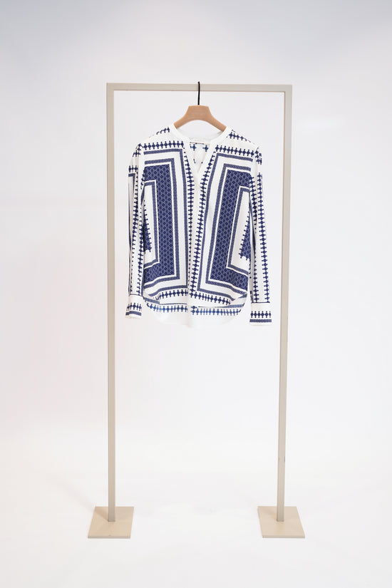 Herzens Navy & Cream Print Silk Tunic Top – V Neck, Long Cuffed Sleeves