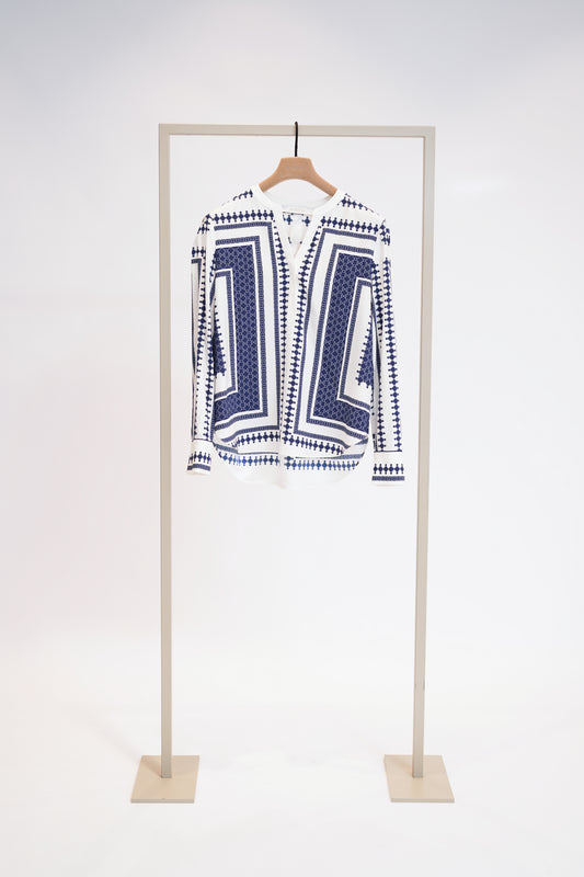 Herzens Navy & Cream Print Silk Tunic Top – V Neck, Long Cuffed Sleeves