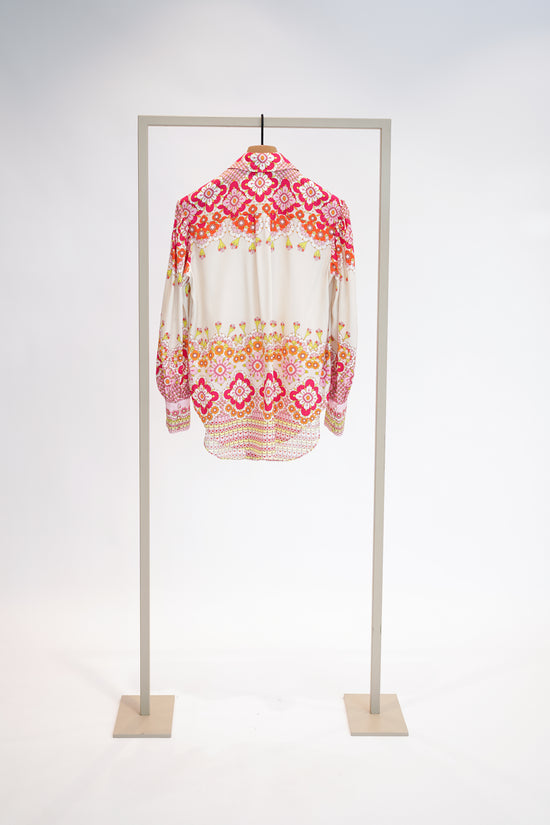 Herzens Pink Multi Floral Print Silk Blouse – Classic Collar, Button Front & Cuffs