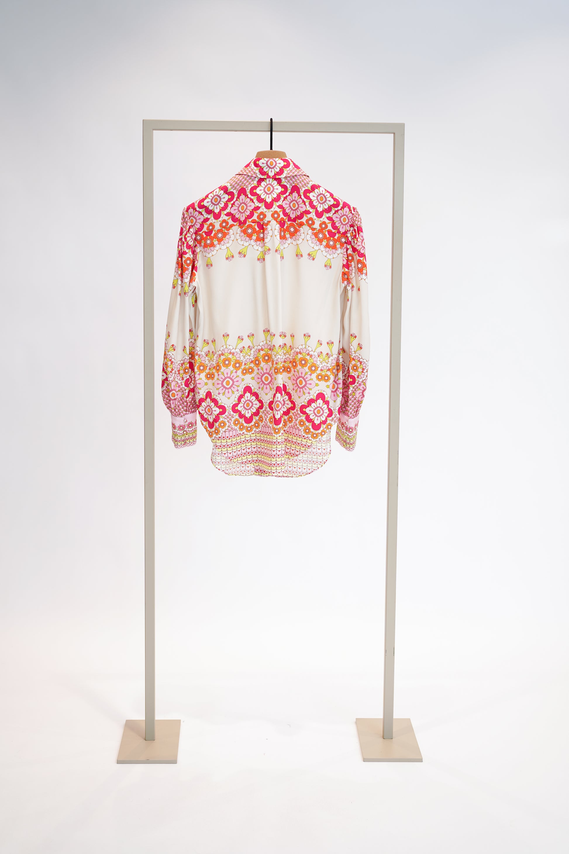 Herzens Pink Multi Floral Print Silk Blouse – Classic Collar, Button Front & Cuffs