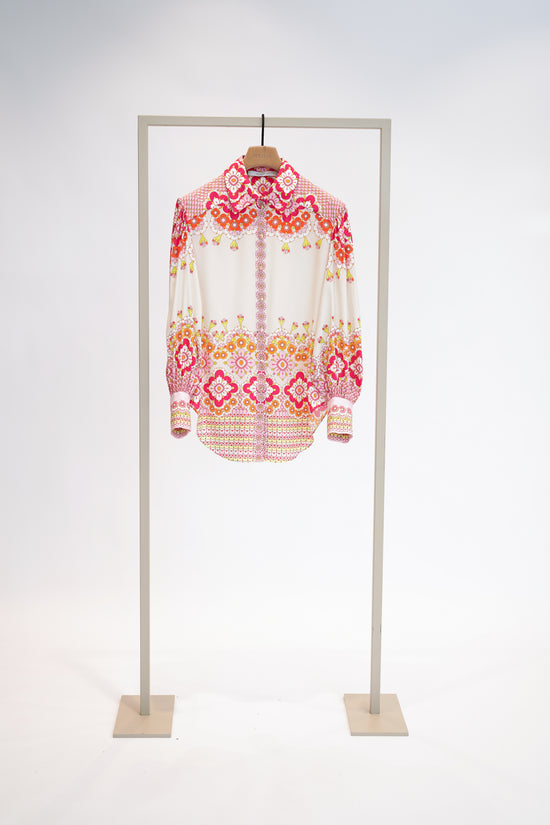 Herzens Pink Multi Floral Print Silk Blouse – Classic Collar, Button Front & Cuffs
