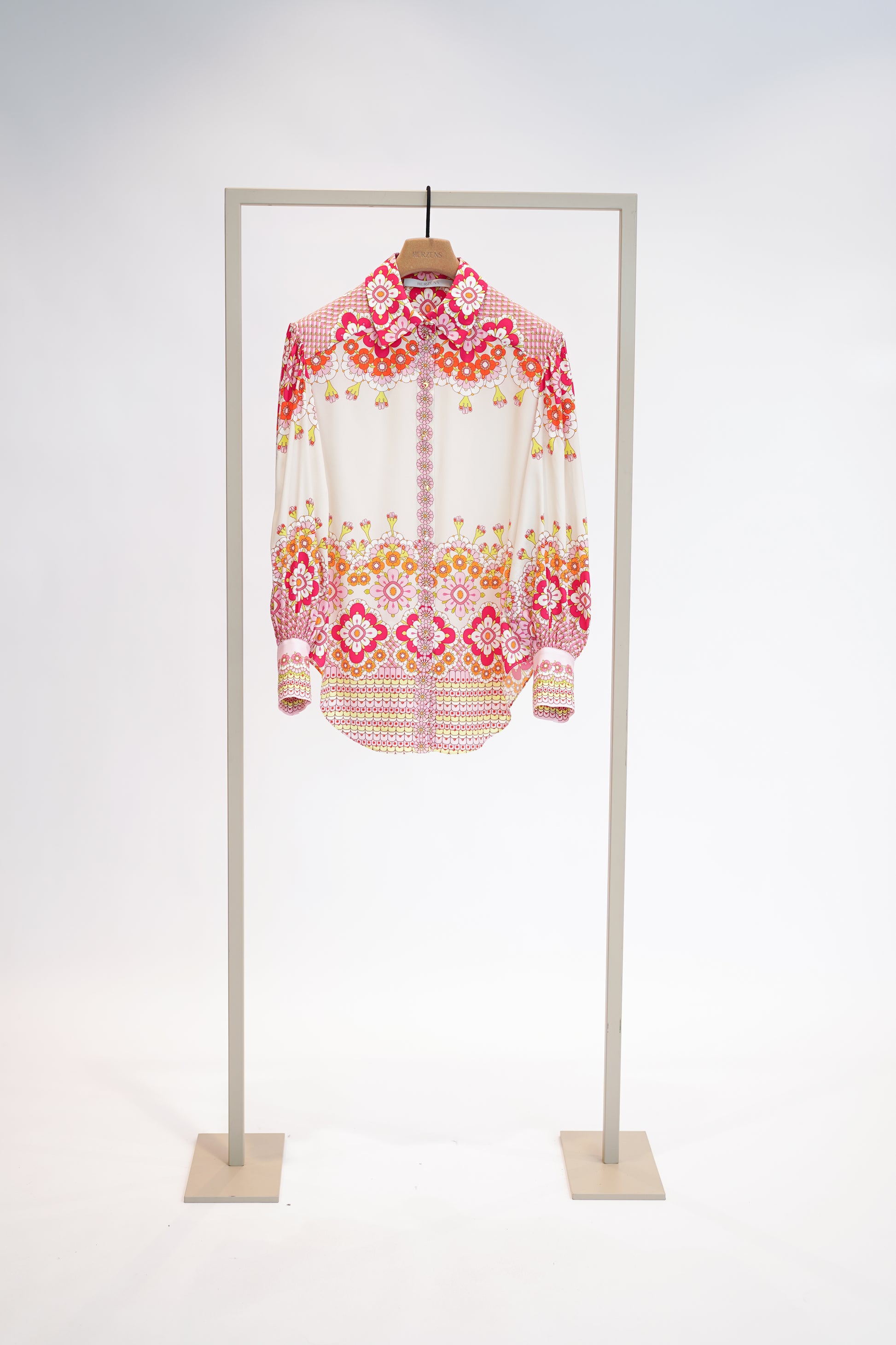 Herzens Pink Multi Floral Print Silk Blouse – Classic Collar, Button Front & Cuffs
