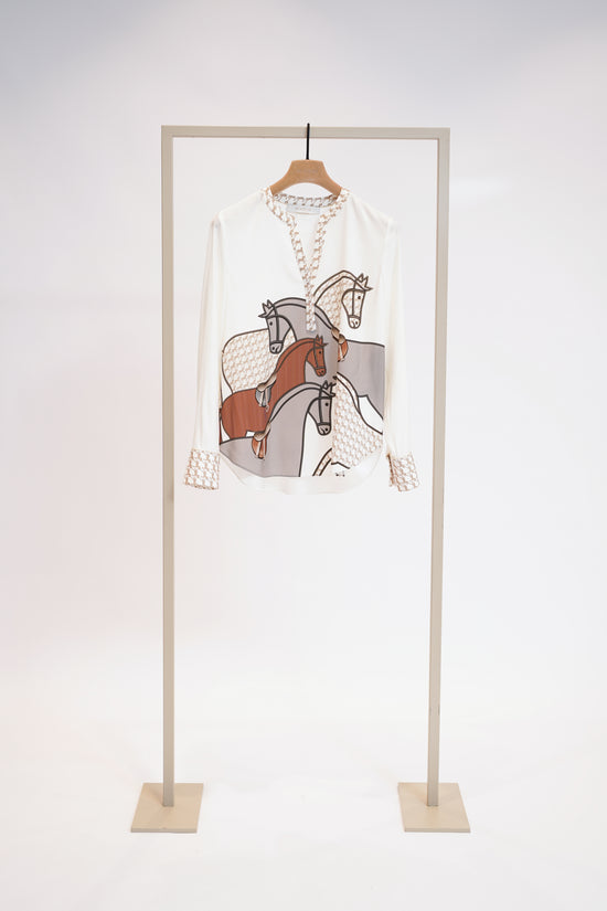Herzens Grey Horse Print Silk Tunic Blouse – Open V Neck, Long Sleeves