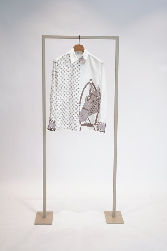 Herzens Grey & Hazelnut Silk Blouse – Horse Print, Classic Collar & Button Cuffs