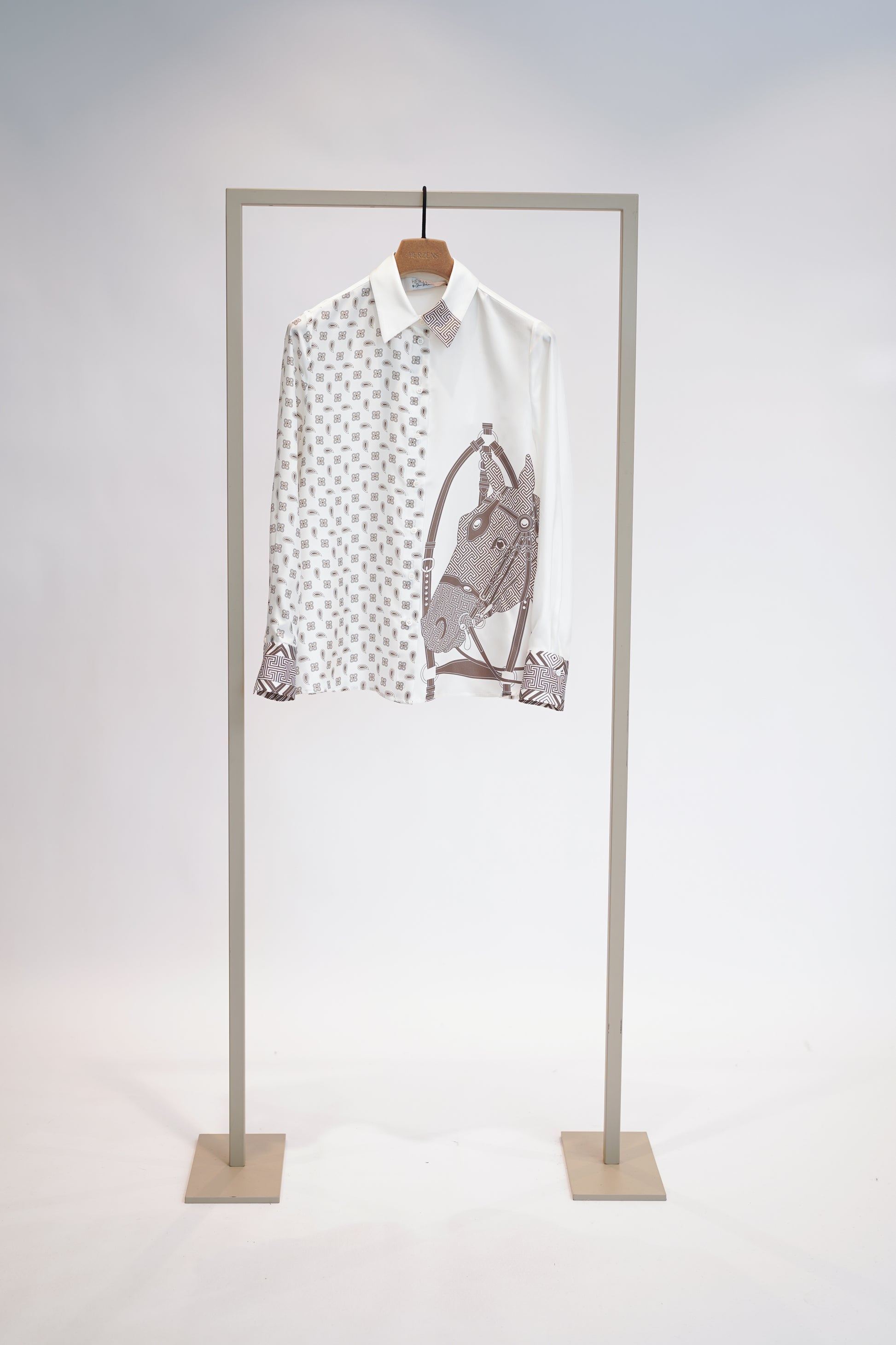 Herzens Grey & Hazelnut Silk Blouse – Horse Print, Classic Collar & Button Cuffs