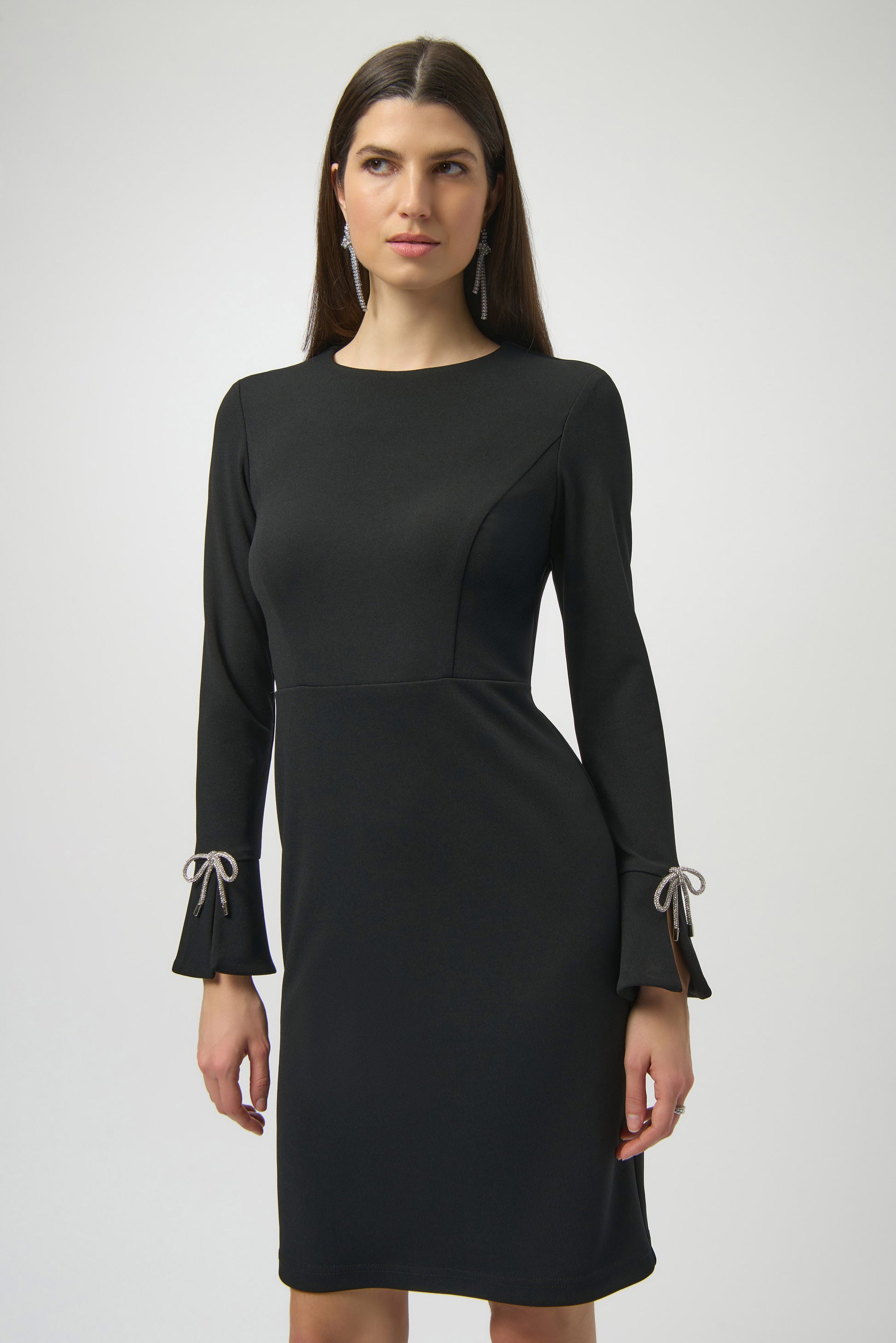 Joseph Ribkoff black scuba crepe shift dress with rhinestone bows 254048