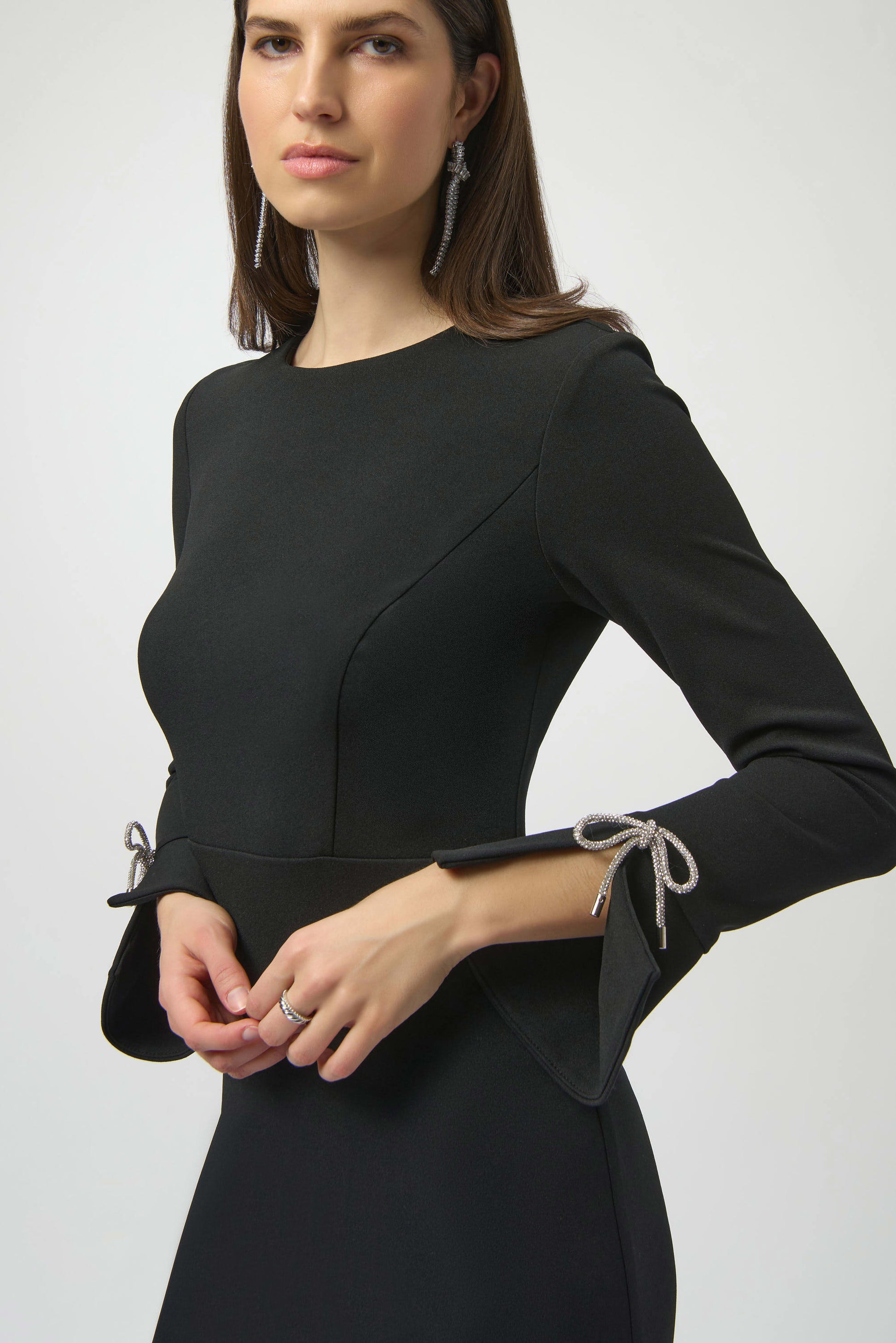 Joseph Ribkoff black scuba crepe shift dress with rhinestone bows 254048