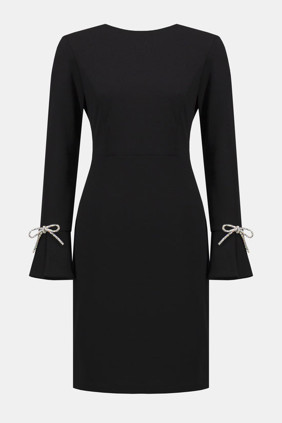 Joseph Ribkoff black scuba crepe shift dress with rhinestone bows 254048