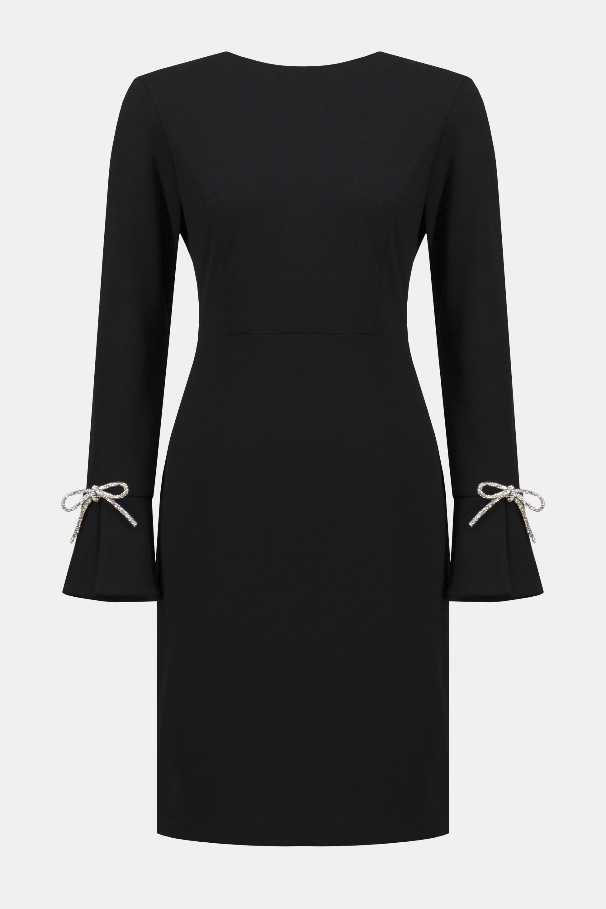 Joseph Ribkoff black scuba crepe shift dress with rhinestone bows 254048