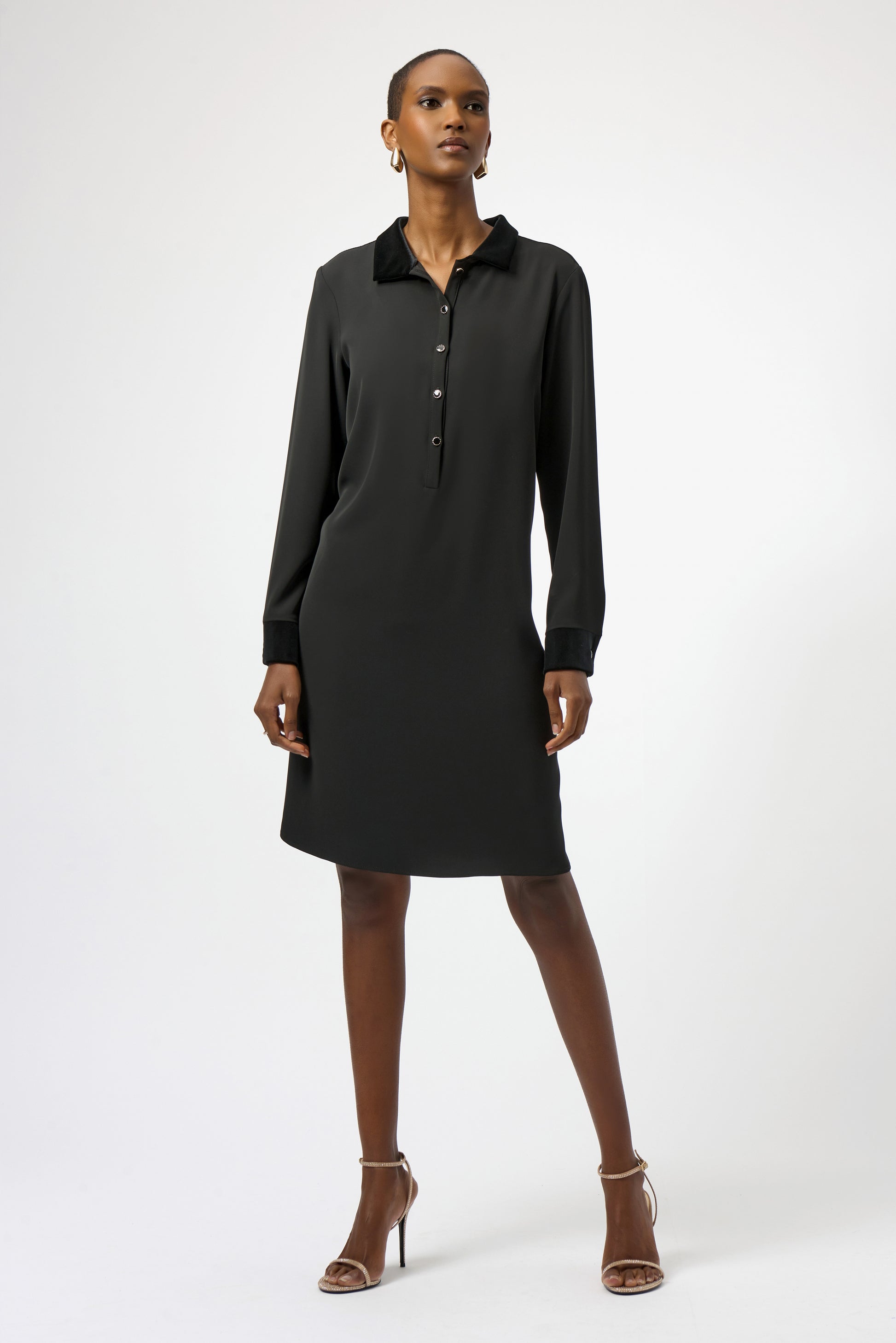 Joseph Ribkoff black woven twill and velvet shirt dress 254156