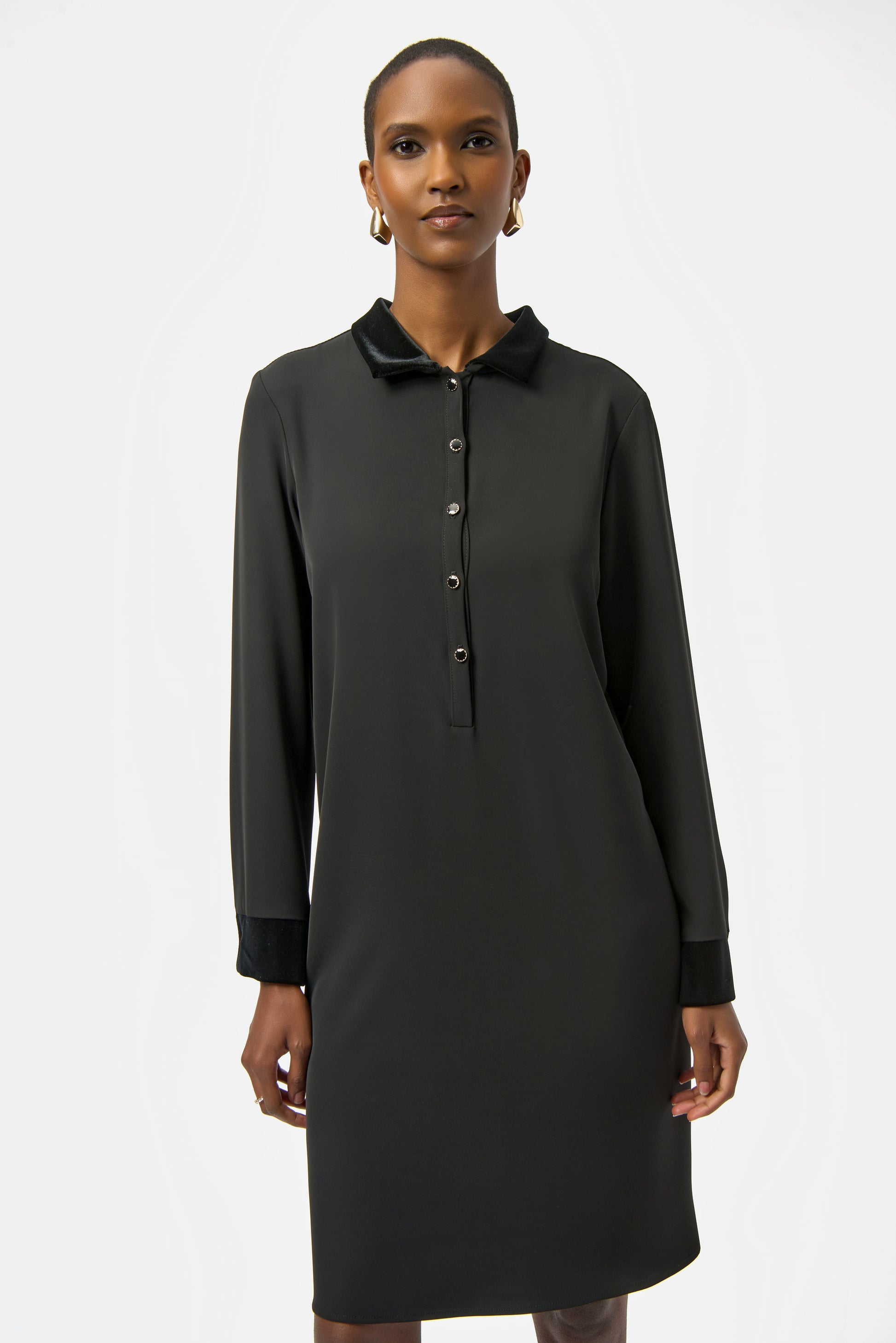 Joseph Ribkoff black woven twill and velvet shirt dress 254156