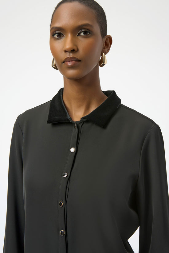 Joseph Ribkoff black woven twill and velvet shirt dress 254156