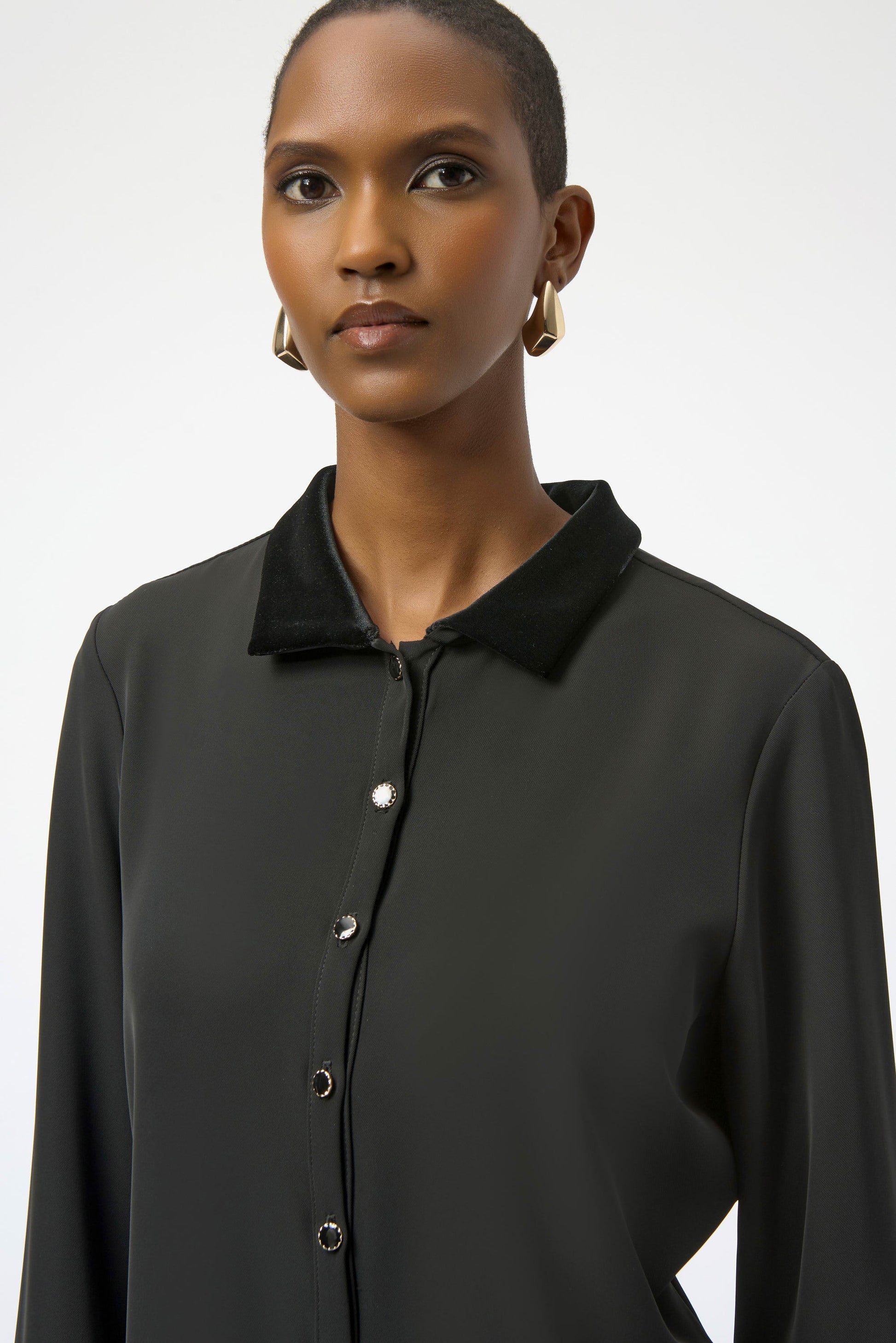 Joseph Ribkoff black woven twill and velvet shirt dress 254156