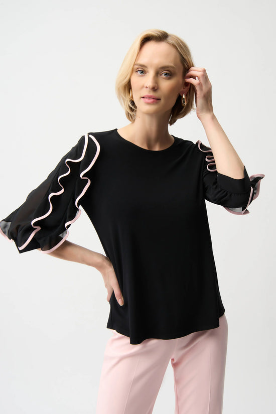 Joseph Ribkoff Black Silky Knit Top with Chiffon Ruffled Sleeves