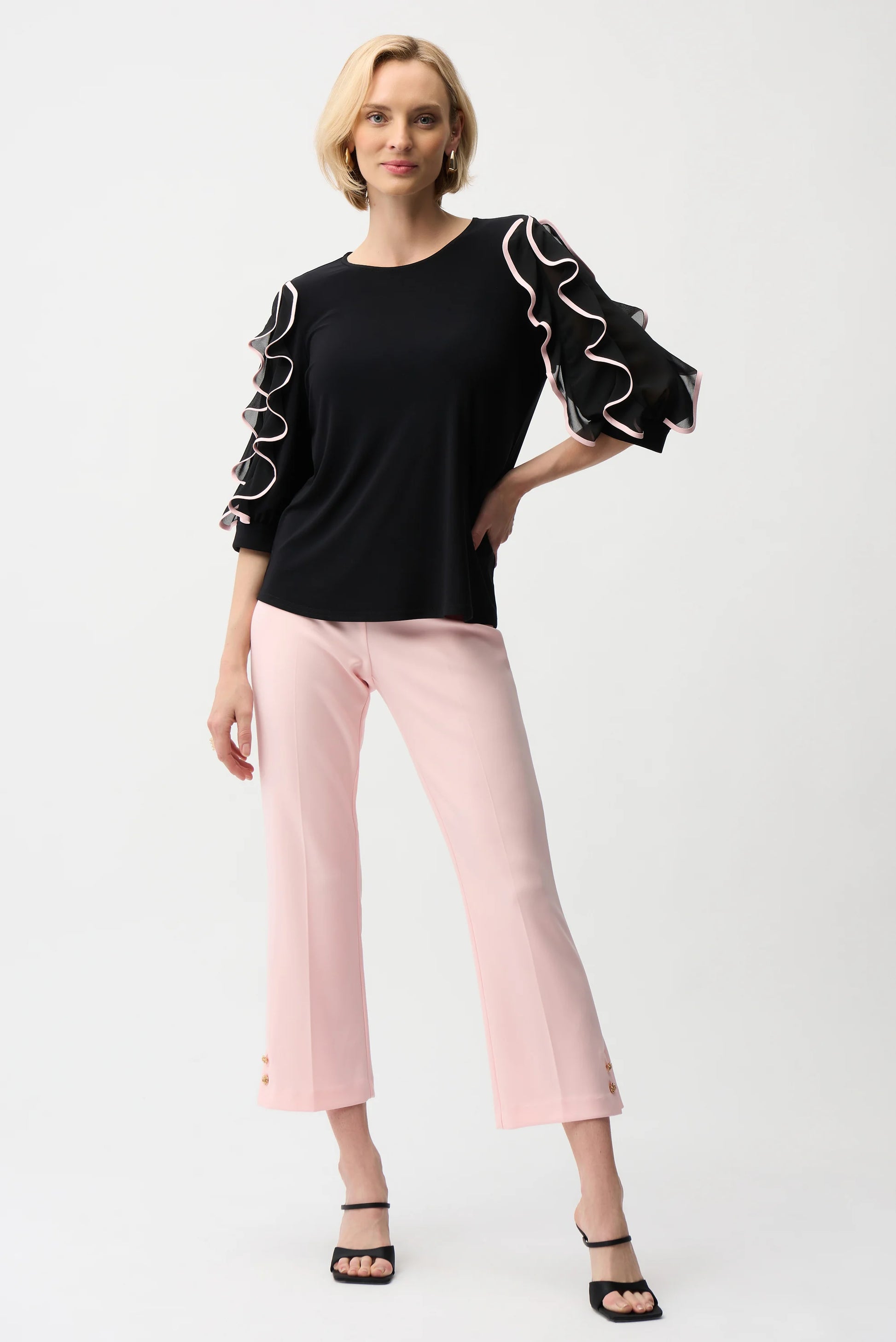 Joseph Ribkoff Black Silky Knit Top with Chiffon Ruffled Sleeves
