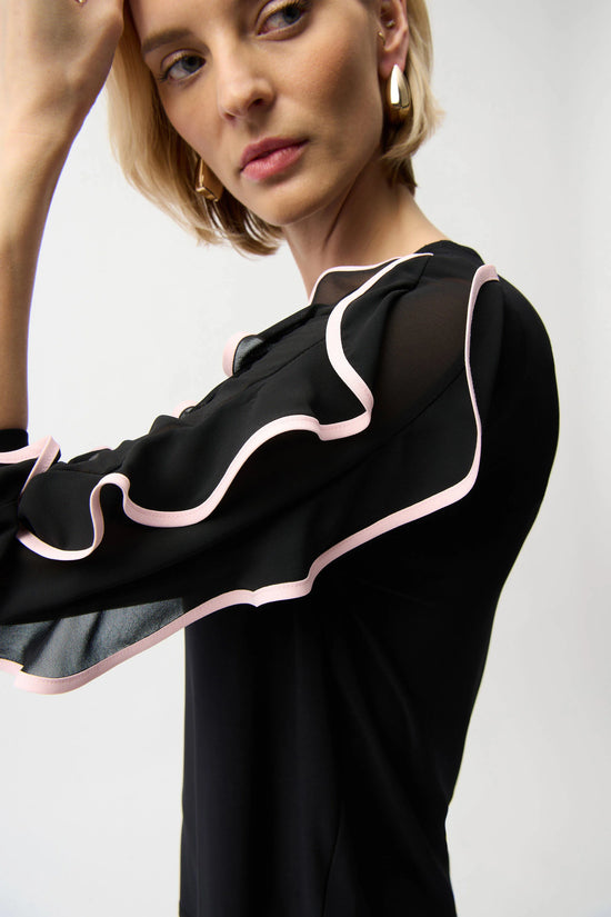 Joseph Ribkoff Black Silky Knit Top with Chiffon Ruffled Sleeves
