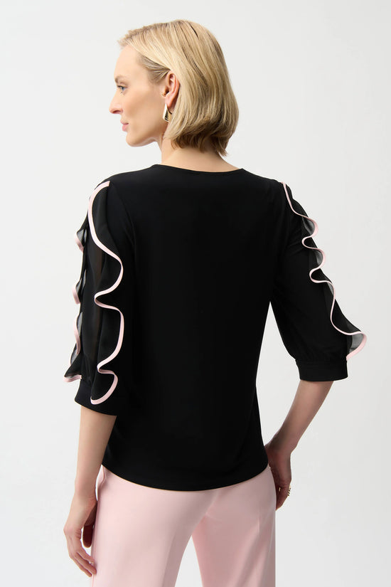 Joseph Ribkoff Black Silky Knit Top with Chiffon Ruffled Sleeves