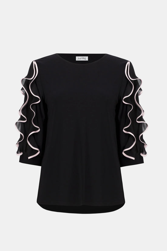 Joseph Ribkoff Black Silky Knit Top with Chiffon Ruffled Sleeves