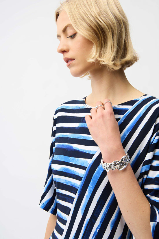 Joseph Ribkoff Black and Cream Silky Knit Stripe Print Fit and Flare Dress 261047