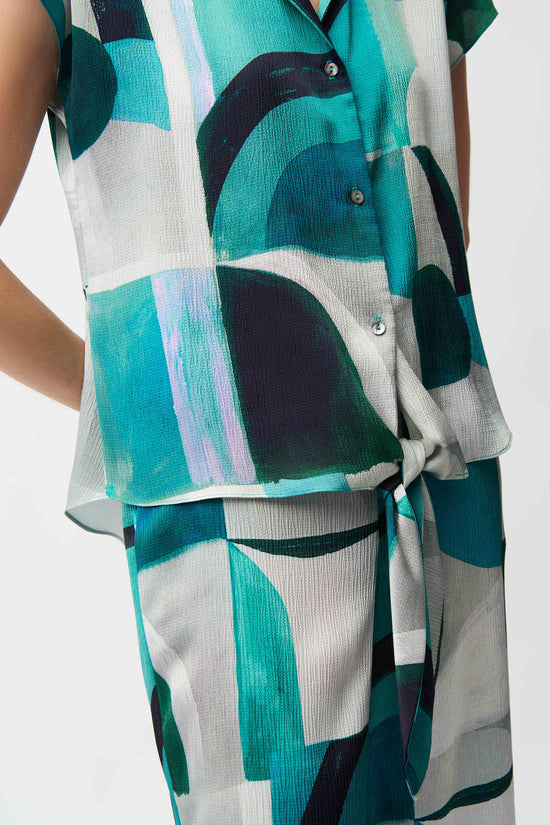 Joseph Ribkoff Green Textured Satin Geometric Print Boxy Top With Front Ties 261065