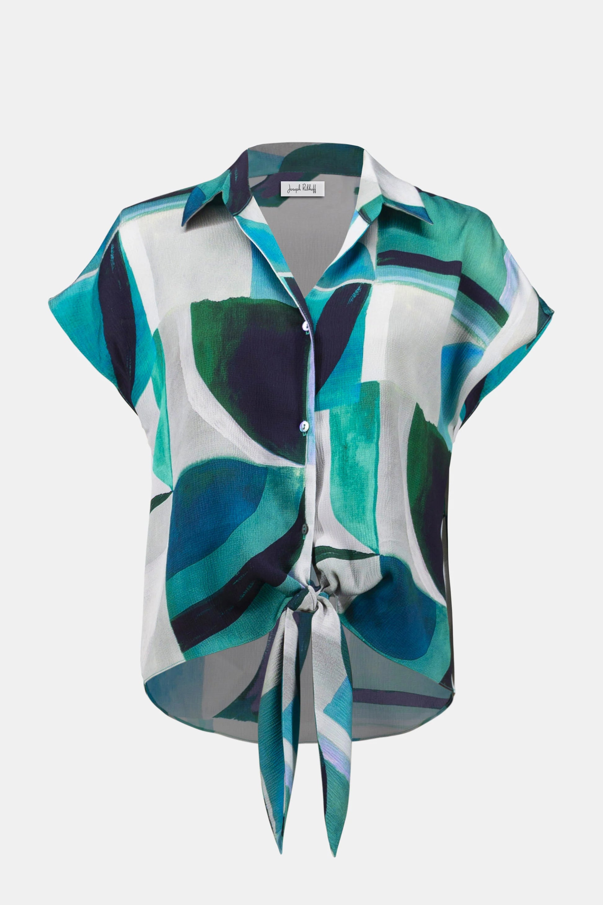Joseph Ribkoff Green Textured Satin Geometric Print Boxy Top With Front Ties 261065