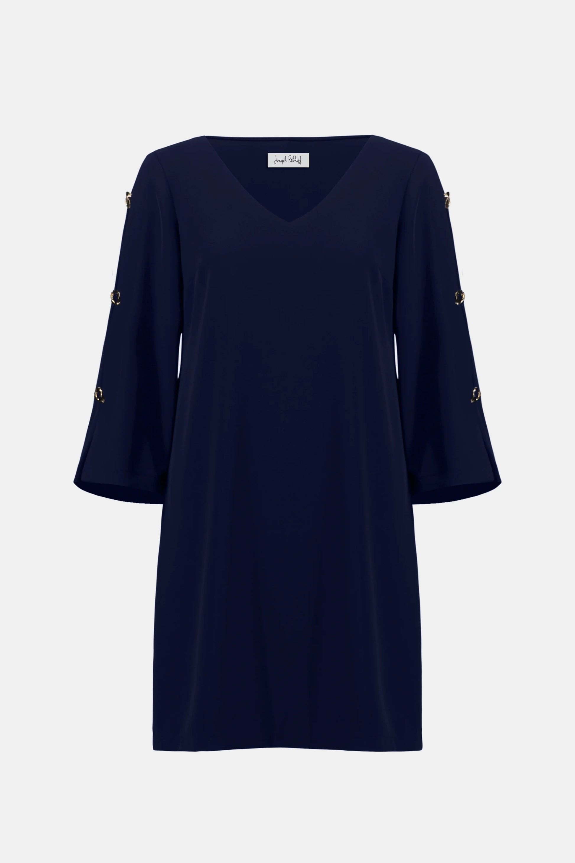 Joseph Ribkoff Midnight Blue Woven Twill Trapeze Dress With Gold Trimmed Slit Sleeves 261085
