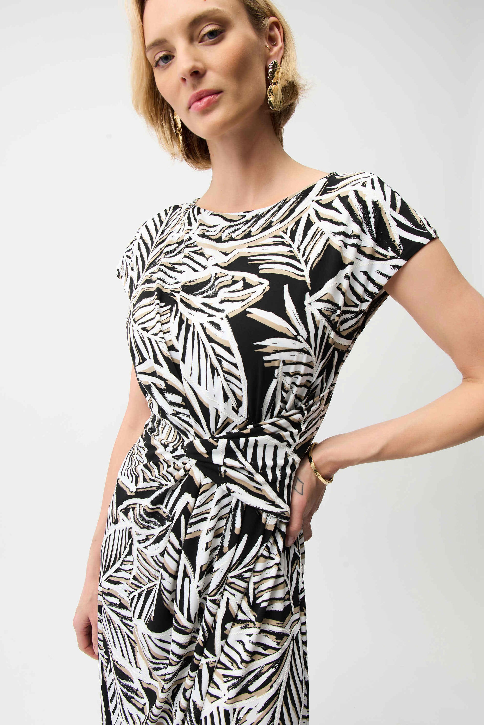 Joseph Ribkoff Silky Knit Tropical Print Fit and Flare Dress With Boat Neckline 261211