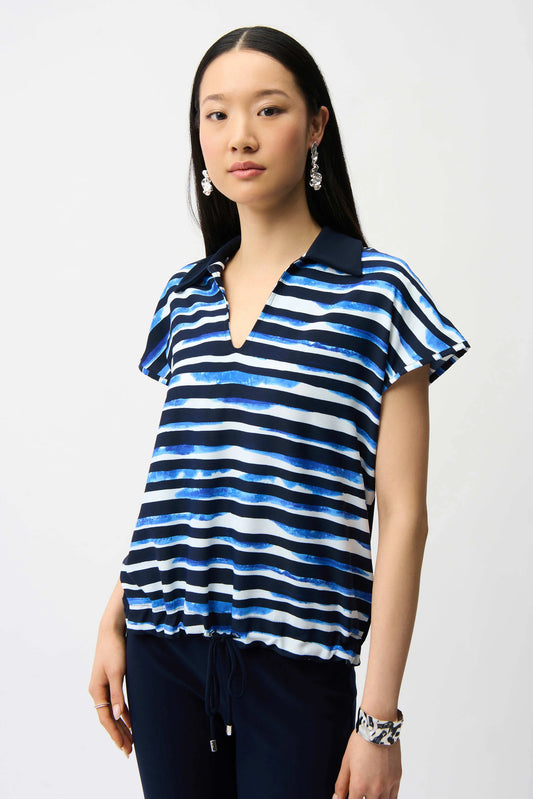 Joseph Ribkoff Blue and Vanilla Woven Stripe Print Cocoon Top With Silky Knit Back 261197