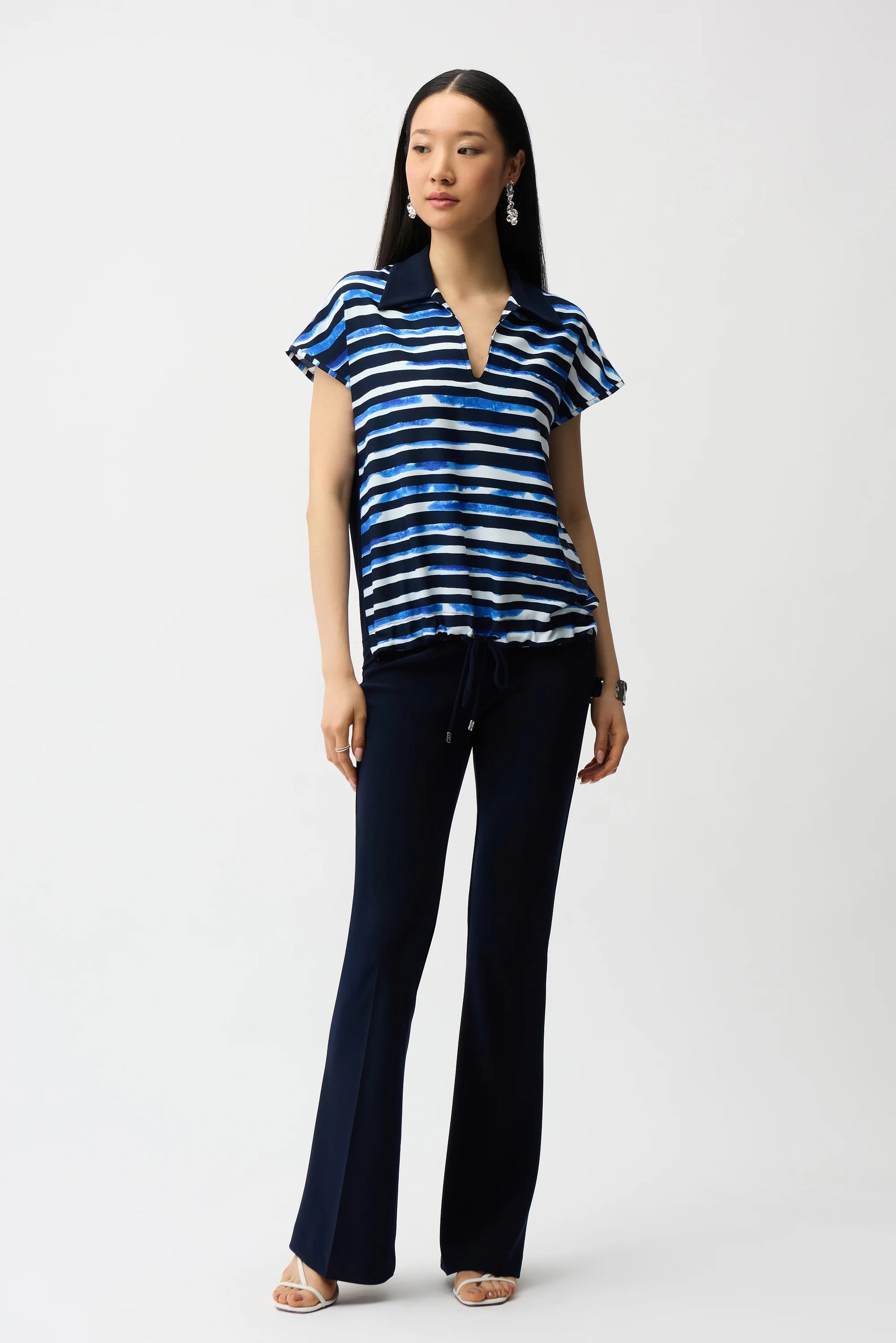 Joseph Ribkoff Blue and Vanilla Woven Stripe Print Cocoon Top With Silky Knit Back 261197