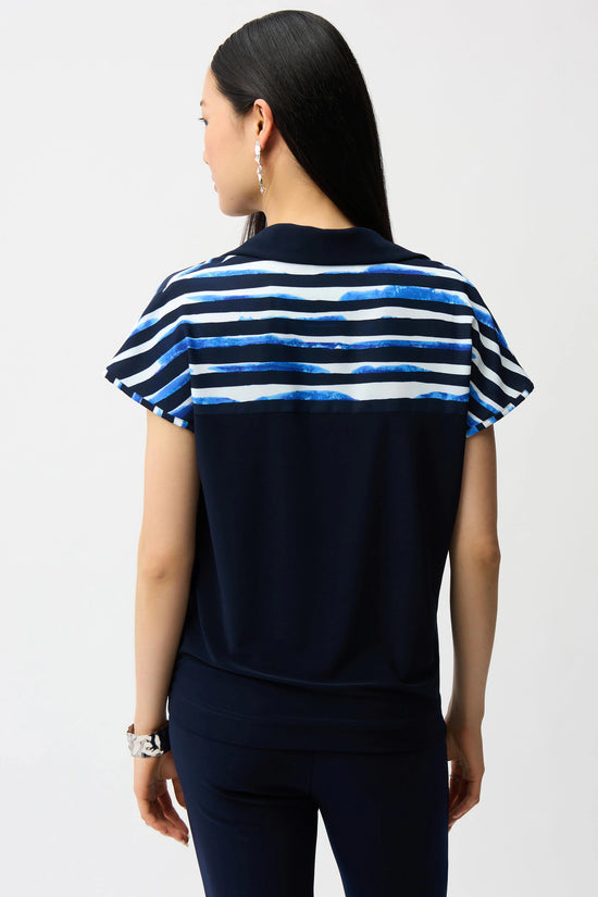 Joseph Ribkoff Blue and Vanilla Woven Stripe Print Cocoon Top With Silky Knit Back 261197